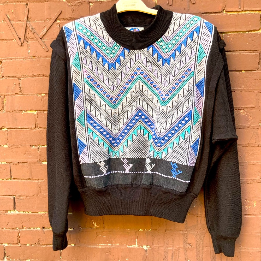 Vtg Los Andes Sweater Wool Geometric Pastel Colors Shoulder pad Chest Plate Wm